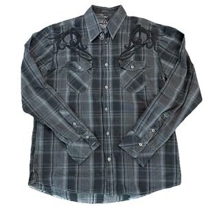 ROAR Western Shirt XL Black Gray Plaid Tribal Embroidered Button Up Y2K Grunge
